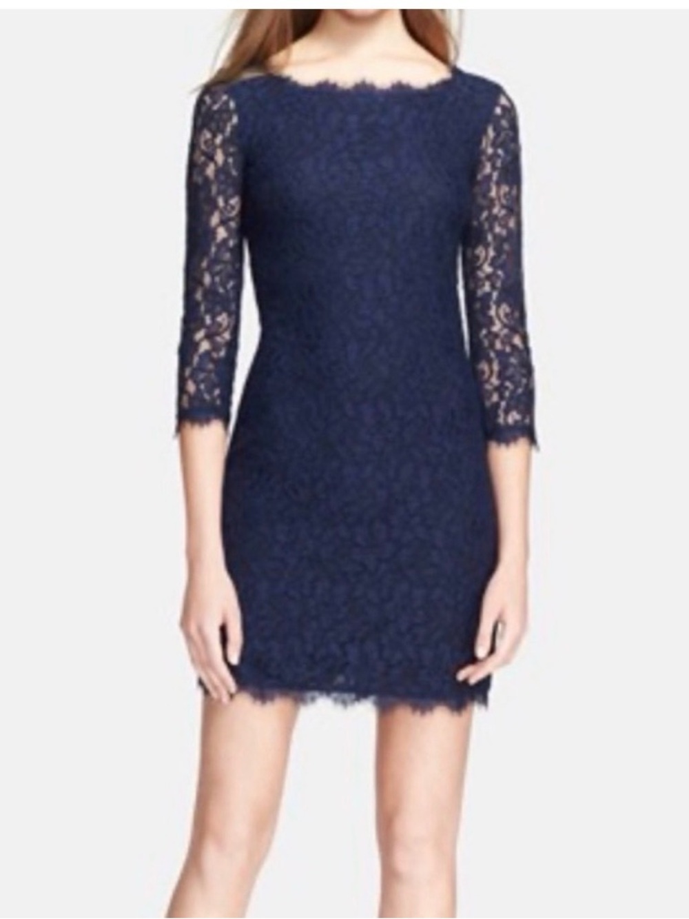 Diane Von Furstenberg Navy Lace Long-Sleeve Sheath Dress